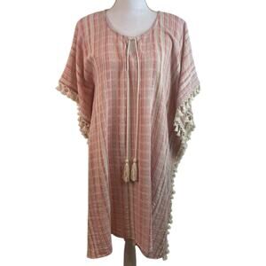 GiGiO Pink & White Cotton and Linen Print Caftan With Tassel Fringe Size Small